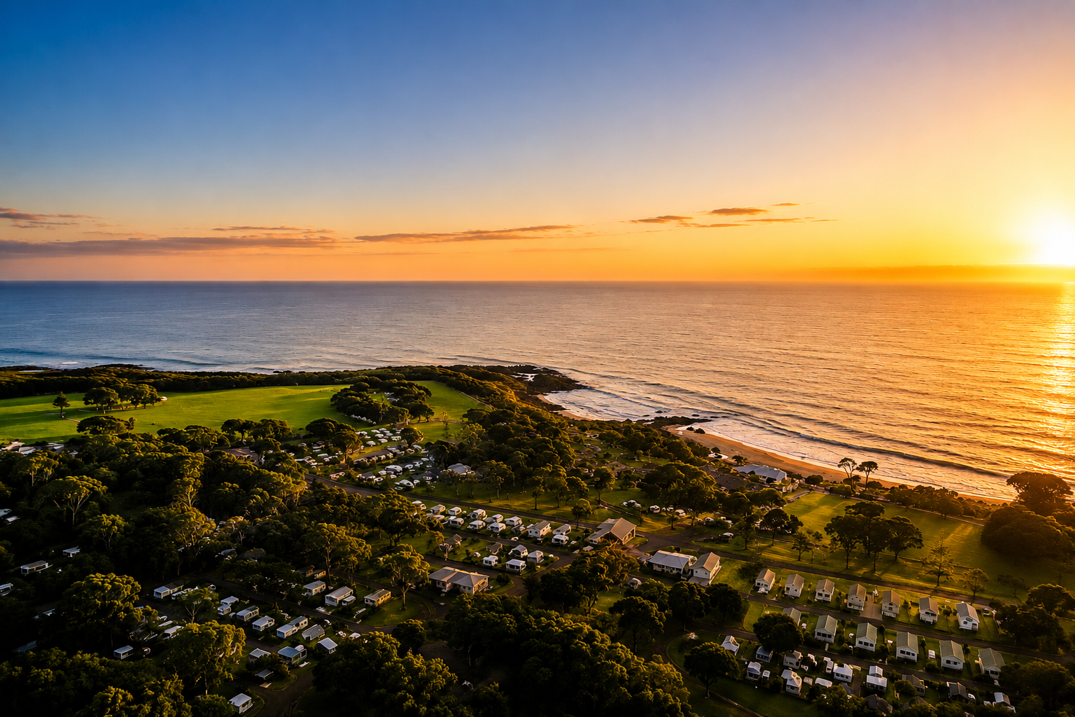 Premium caravan on Australian coastal beach at sunset